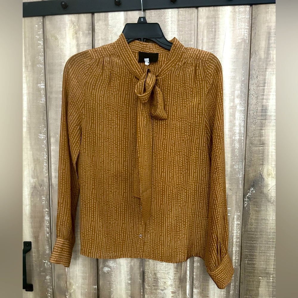 Anthropologie Mustard Brown Tie-Neck Long-Sleeve Blouse